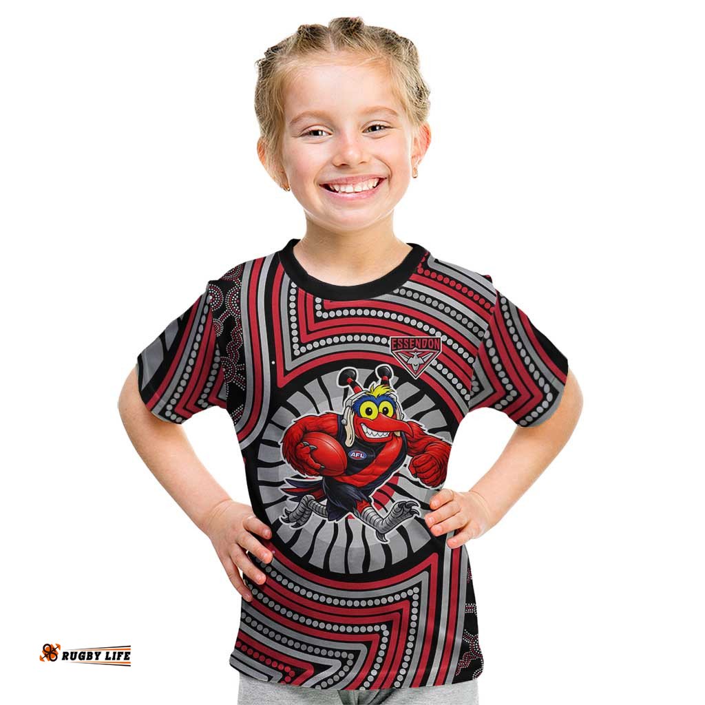 Essendon Football Club Kid T Shirt Indigenous Monochrome Dot Art Mascot Style TS04