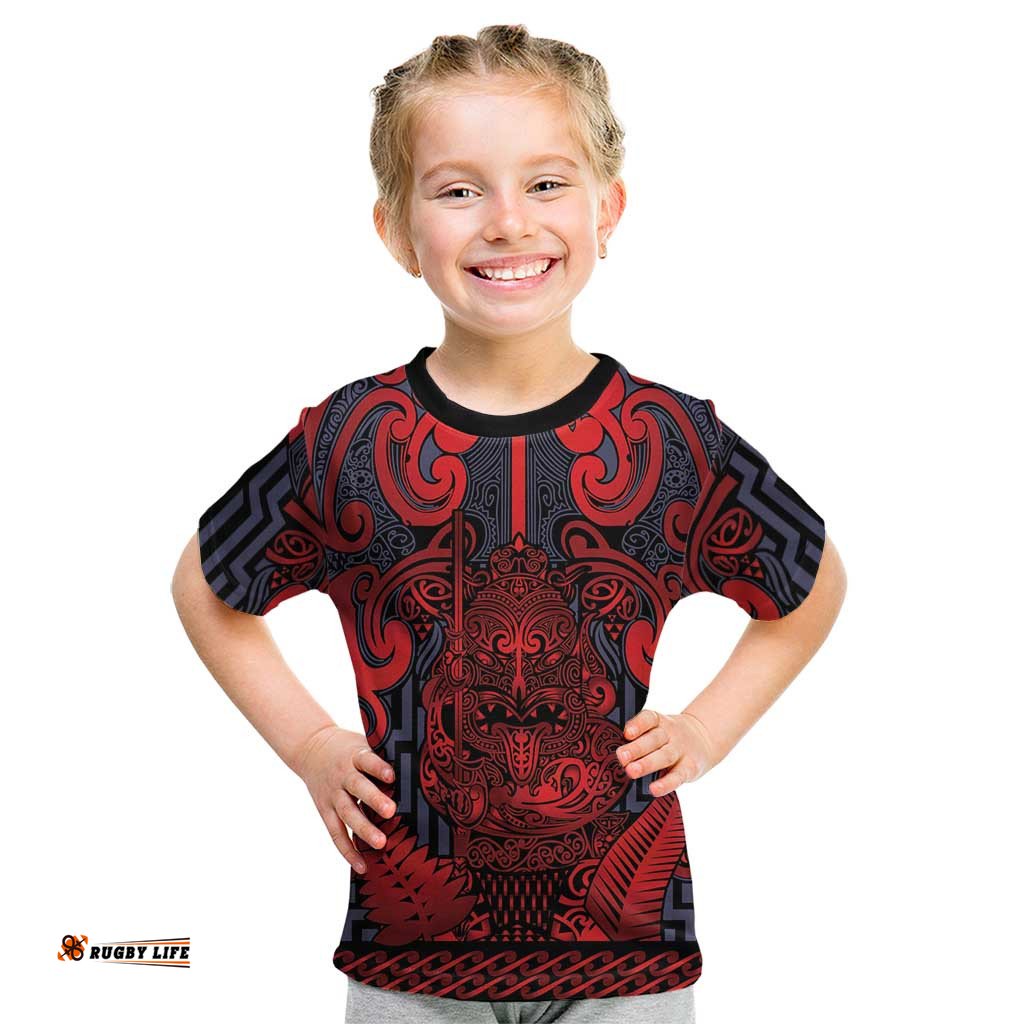 Custom New Zealand Taiaha Maori Kid T Shirt Whero Minimalist Silver Fern Tukutuku Motif LT9