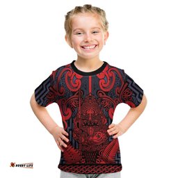 Custom New Zealand Taiaha Maori Kid T Shirt Whero Minimalist Silver Fern Tukutuku Motif LT9