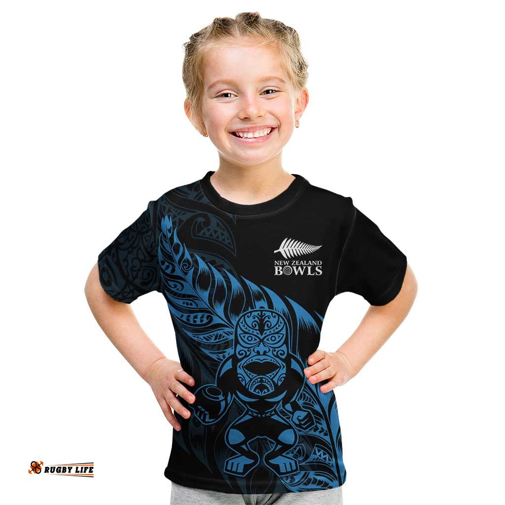 New Zealand Lawn Bowls Custom Kid T Shirt Blue Maori Warrior Tribal Silver Fern LT9