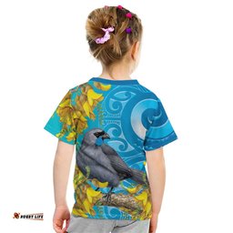 New Zealand Kokako Bird Kid T Shirt Maori Koru With Kowhai Flowers LT05