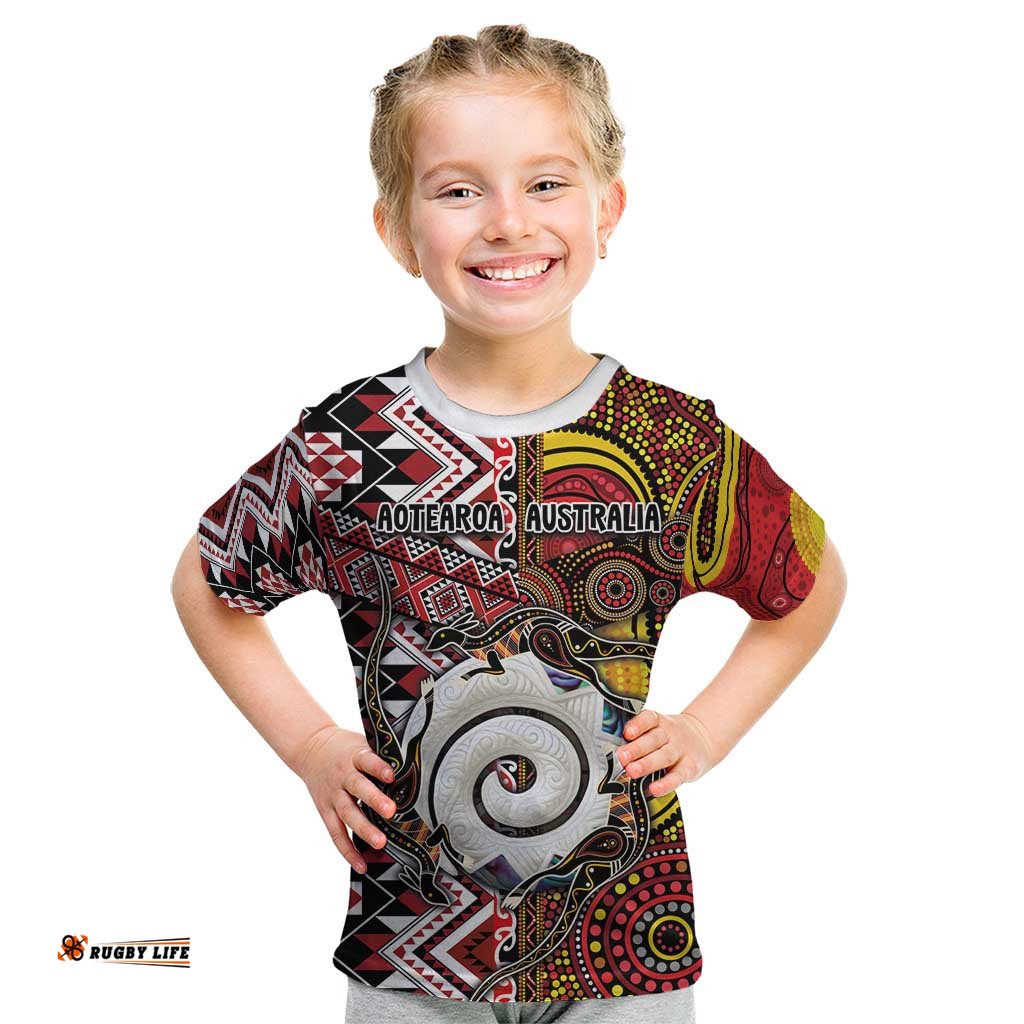Personalised Aotearoa and Australia Together Kid T Shirt Koru and Kangaroo - Taniko with Aboriginal Motif LT03