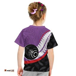 Personalised Aotearoa Lawn Bowls Kid T Shirt Maori and Silver Fern Sporty Style Purple Color LT03