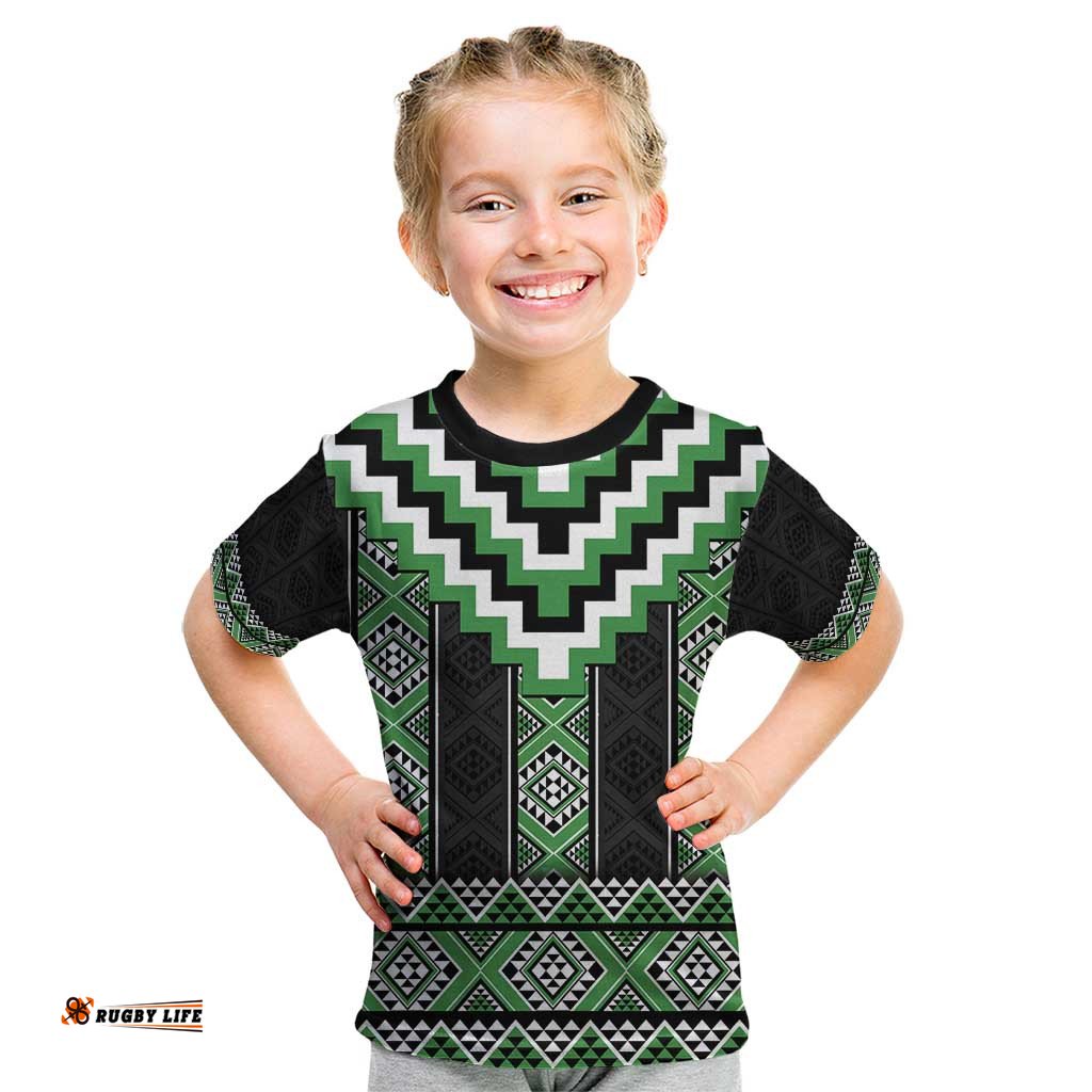 Green Taniko Pattern Aotearoa Kid T Shirt Niho Taniwha Mix Poutama LT14