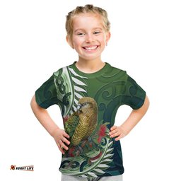 New Zealand Kea Bird Kid T Shirt With Maori Koru Fern LT05
