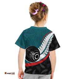 Personalised Aotearoa Lawn Bowls Kid T Shirt Maori and Silver Fern Sporty Style Teal Color LT03