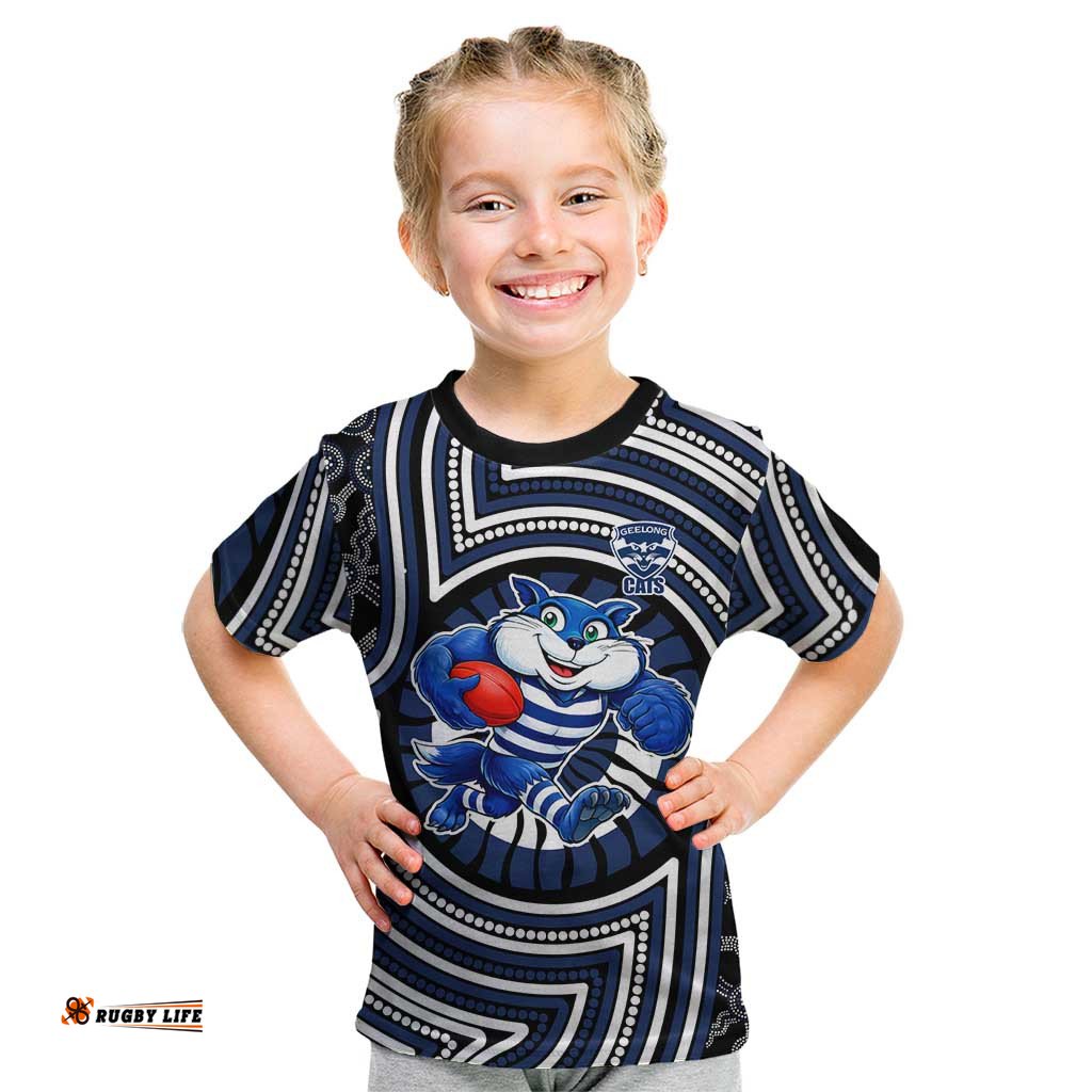 Geelong Cats Kid T Shirt Indigenous Monochrome Dot Art Mascot Style TS04