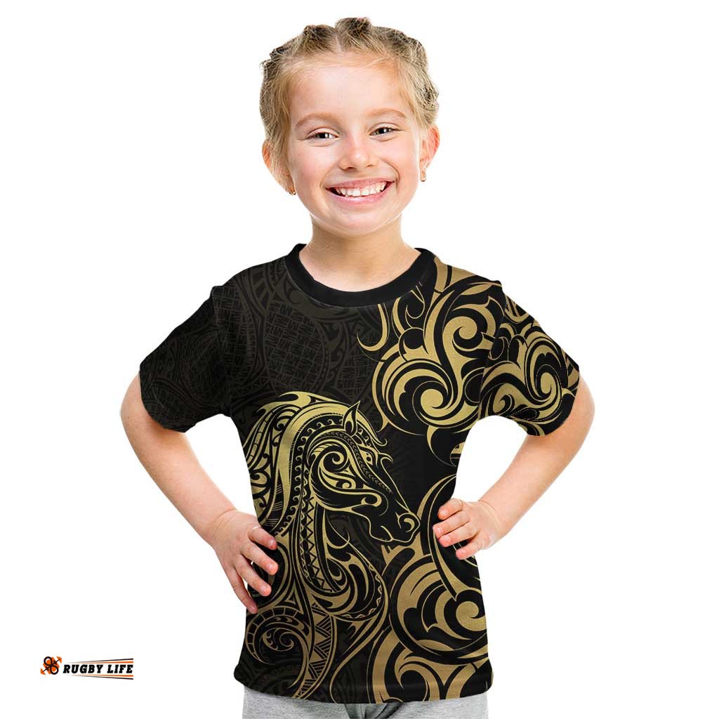 Gold And Black Aoteara Horse Racing Kid T Shirt NZ Maori Pattern LT14