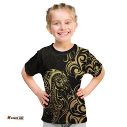 Gold And Black Aoteara Horse Racing Kid T Shirt NZ Maori Pattern LT14