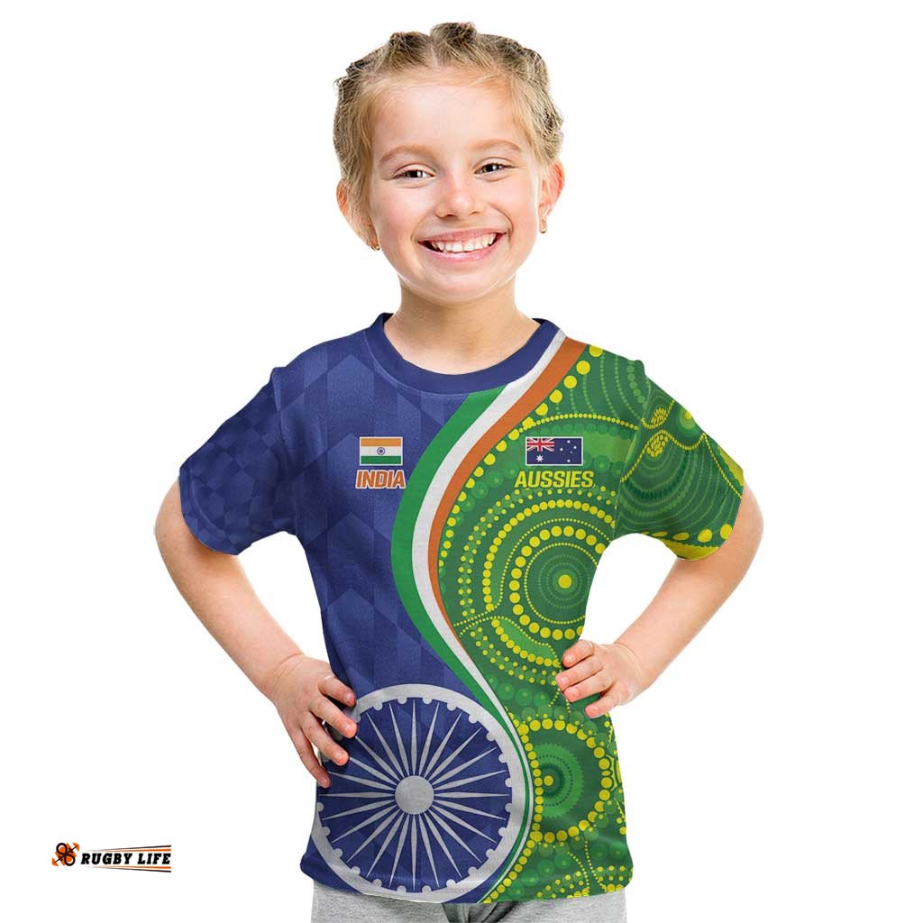 India Vs Australian Cricket Custom Kid T Shirt Ashoka Chakra and Aboriginal Together LT9