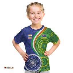 India Vs Australian Cricket Custom Kid T Shirt Ashoka Chakra and Aboriginal Together LT9