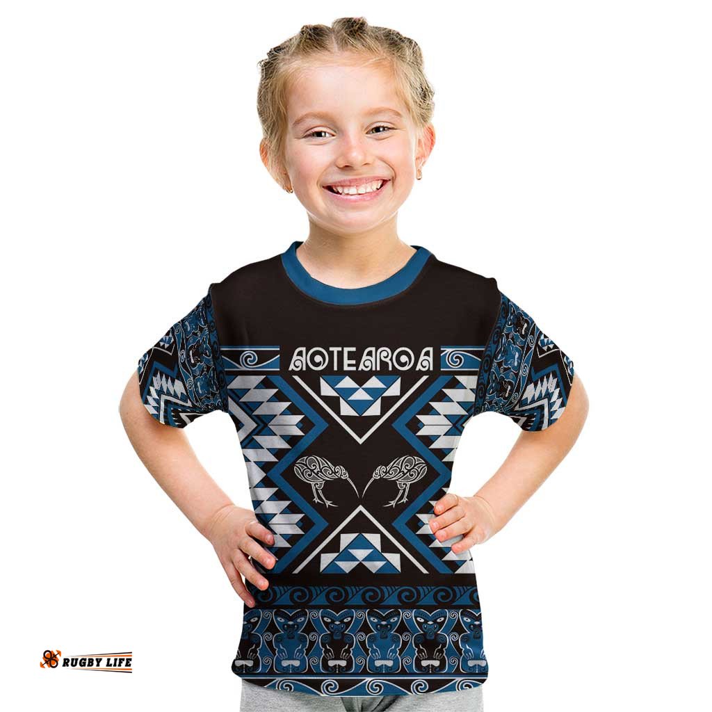 Personalised Taniko Motifs Aotearoa Kid T Shirt Waitangi Kowhaiwhai Kiwi - Blue LT7