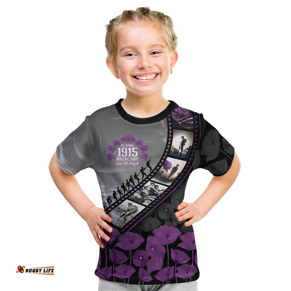 Personalised Remembering ANZAC Lest We Forget Kid T Shirt Vintage Film Frame Memorial Purple Poppy LT9