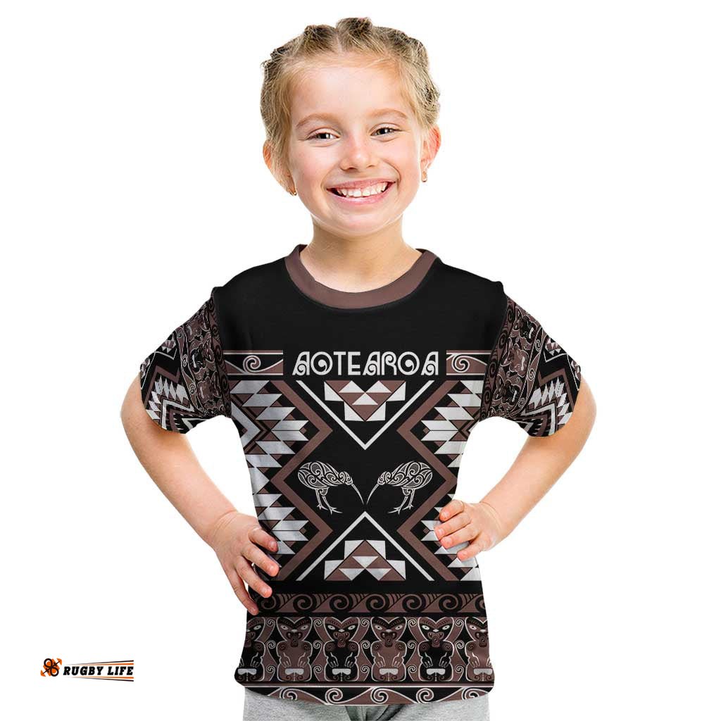 Personalised Taniko Motifs Aotearoa Kid T Shirt Waitangi Kowhaiwhai Kiwi - Mocha LT7
