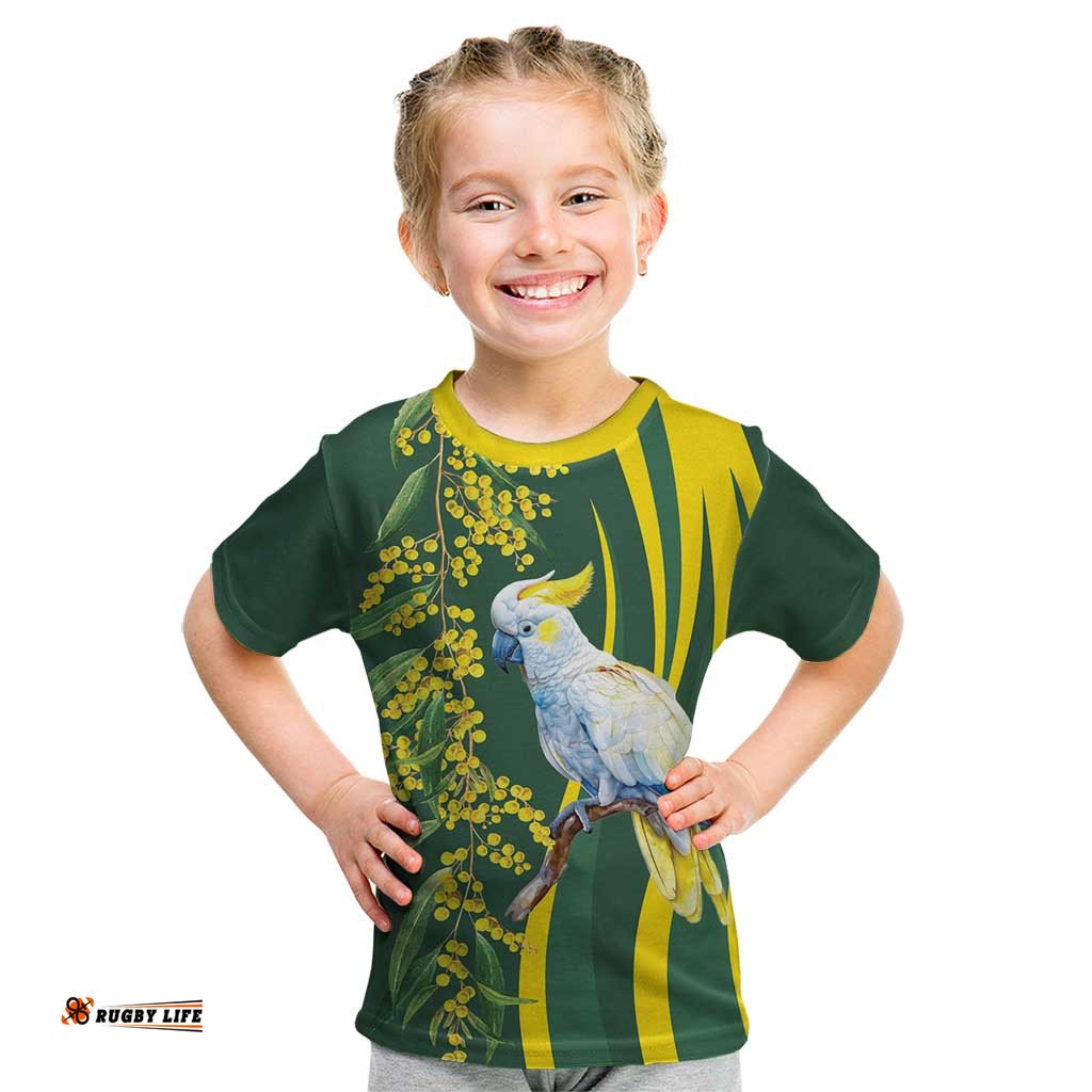 White Cockatoo and Golden Wattle Kid T Shirt Australian Native Bird LT9