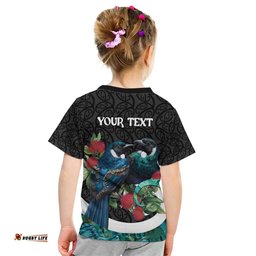 Personalised Valentine's Day New Zealand Kid T Shirt Tui Bird Couple Kowhaiwhai Mix Pohutukawa LT14