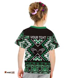 Personalised Taniko Motifs Aotearoa Kid T Shirt Waitangi Kowhaiwhai Kiwi - Green LT7