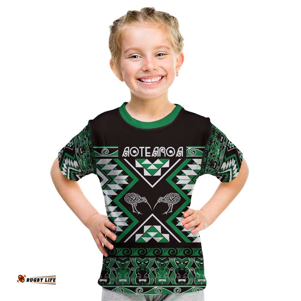 Personalised Taniko Motifs Aotearoa Kid T Shirt Waitangi Kowhaiwhai Kiwi - Green LT7