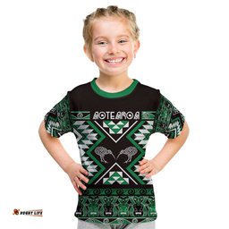 Personalised Taniko Motifs Aotearoa Kid T Shirt Waitangi Kowhaiwhai Kiwi - Green LT7