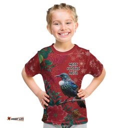 Tui Meri Kirihimete Personalised Kid T Shirt Pohutukawa Flowers Red Motif LT9