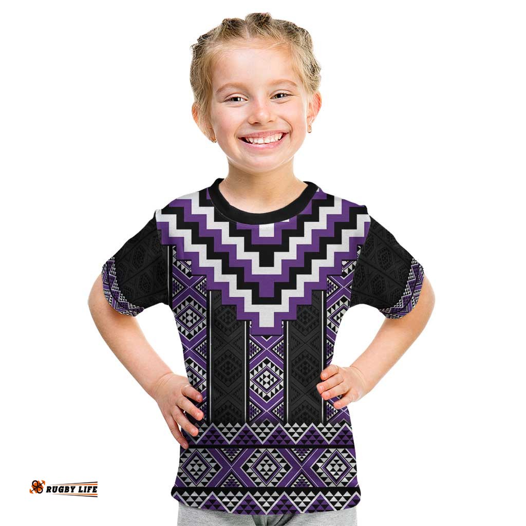 Purple Taniko Pattern Aotearoa Kid T Shirt Niho Taniwha Mix Poutama LT14
