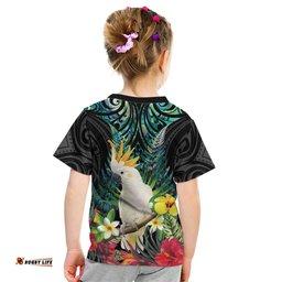 Sulphur-crested Cockatoo New Zealand Kid T Shirt Paua Shell Aotearoa Maori Tropical Flowers LT14