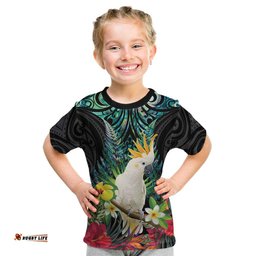 Sulphur-crested Cockatoo New Zealand Kid T Shirt Paua Shell Aotearoa Maori Tropical Flowers LT14