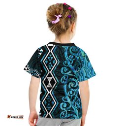 Turquoise Aotearoa Kid T Shirt Taniko Motifs With Paua Shell Kowhaiwhai LT14