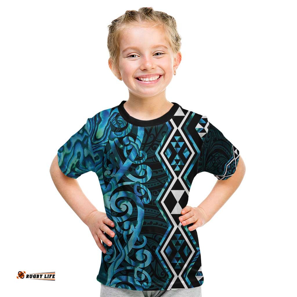 Turquoise Aotearoa Kid T Shirt Taniko Motifs With Paua Shell Kowhaiwhai LT14