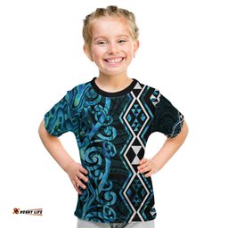 Turquoise Aotearoa Kid T Shirt Taniko Motifs With Paua Shell Kowhaiwhai LT14