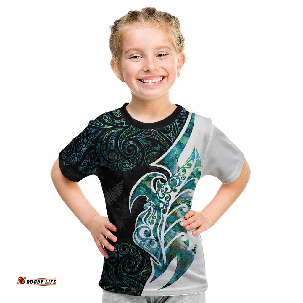 Proud Aotearoa Kid T Shirt Maori Silver Fern Mix Paua Shell Pattern LT14