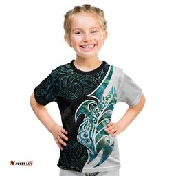Proud Aotearoa Kid T Shirt Maori Silver Fern Mix Paua Shell Pattern LT14
