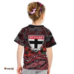 St Kilda Saints ANZAC Day Kid T Shirt Indigenous Dot Art with Poppy Flower Tribute TS04