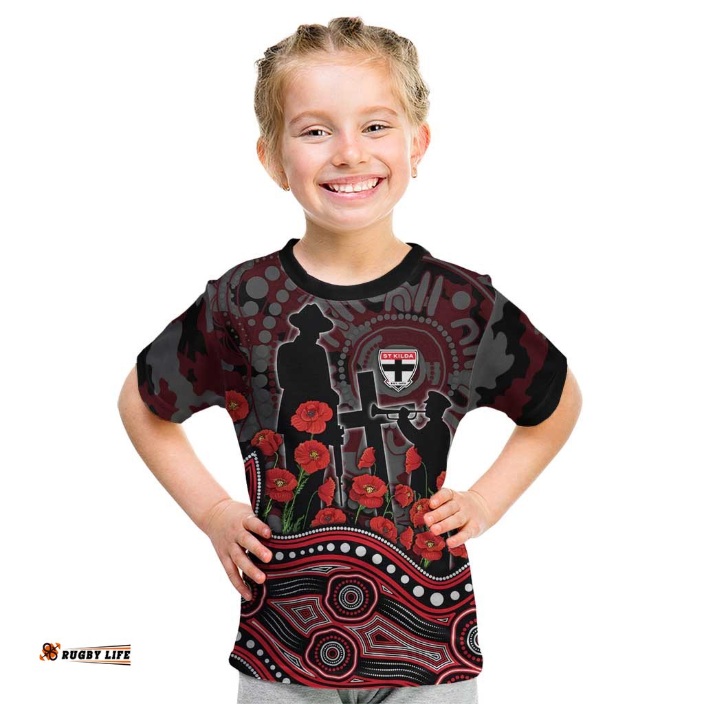 St Kilda Saints ANZAC Day Kid T Shirt Indigenous Dot Art with Poppy Flower Tribute TS04