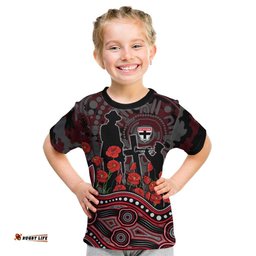 St Kilda Saints ANZAC Day Kid T Shirt Indigenous Dot Art with Poppy Flower Tribute TS04