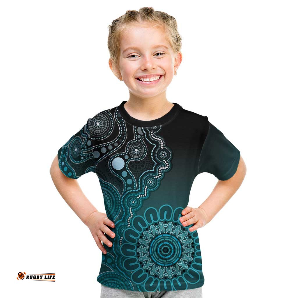 Personalised Ovarian Cancer Awareness Kid T Shirt Teal Ribbon Aboriginal Art LT05