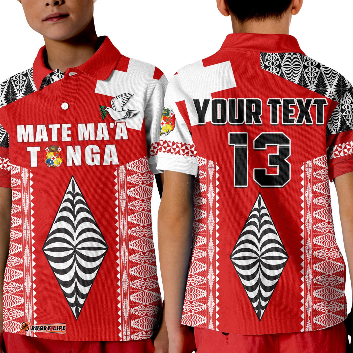 Custom Text and Number Tonga Rugby Polo Shirt KID Kupesi Ngatu Mate Maa Tonga