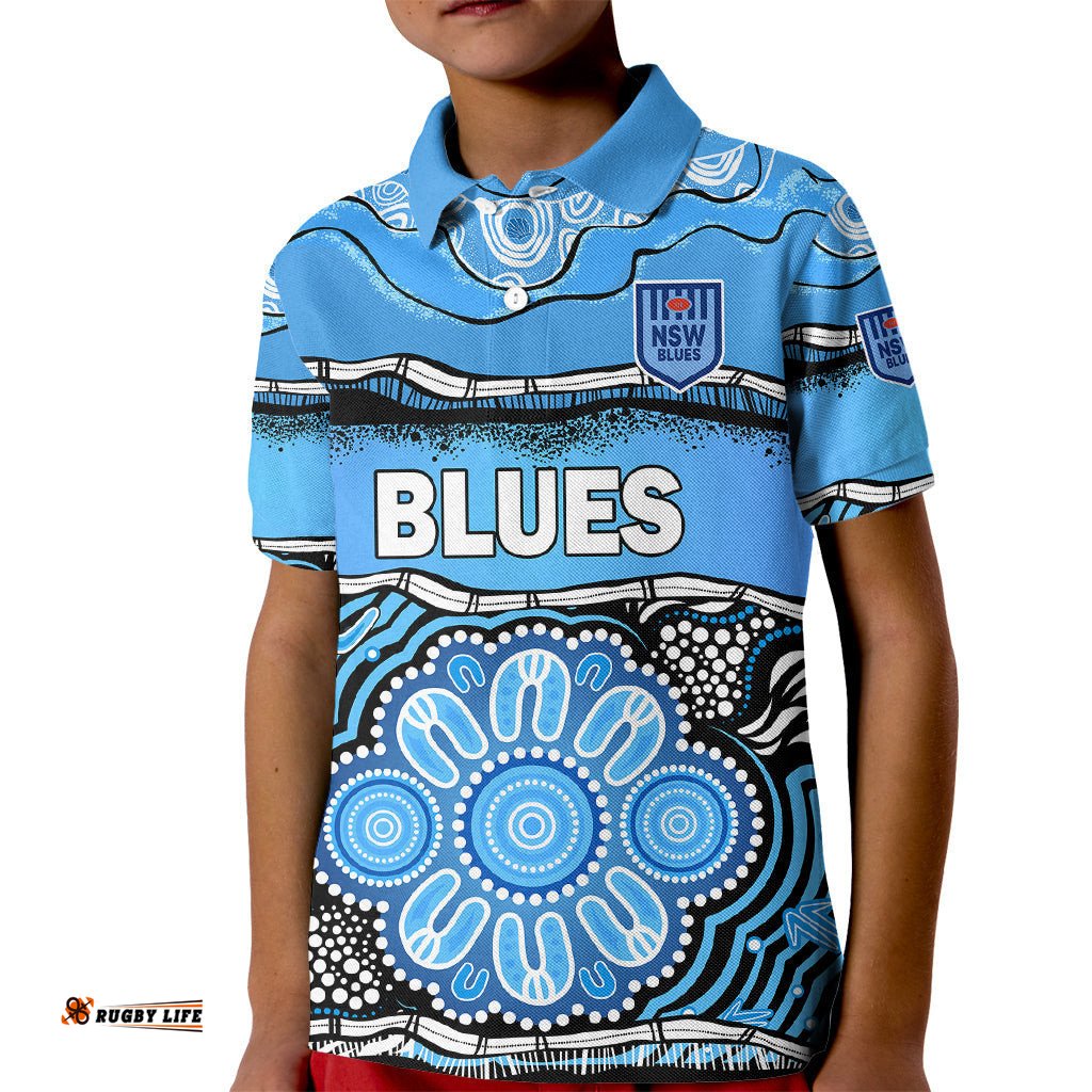 Custom Text And Number Blues Rugby Aboriginal Kid Polo Shirt New South Wales State of Origin
