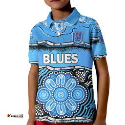 Custom Text And Number Blues Rugby Aboriginal Kid Polo Shirt New South Wales State of Origin