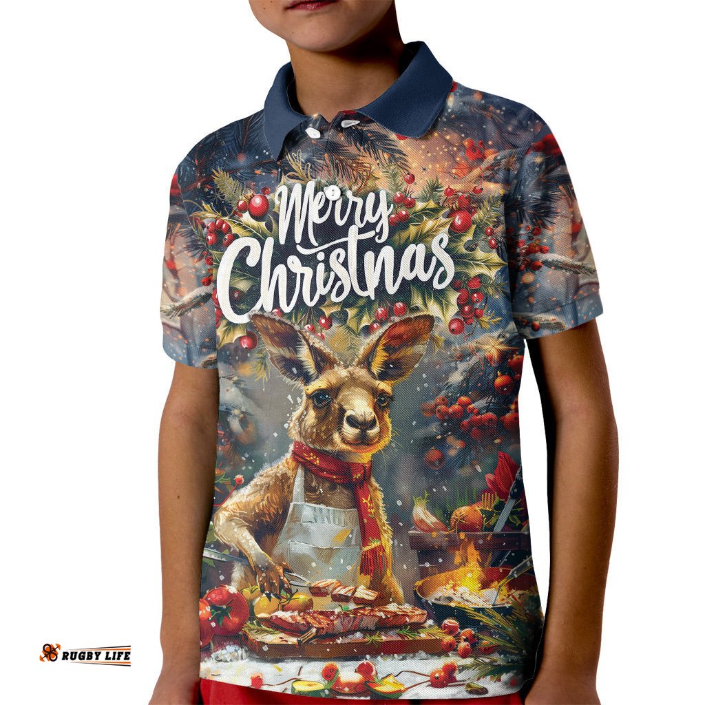 Personalised Kangaroo Chef Christmas in July Kid Polo Shirt