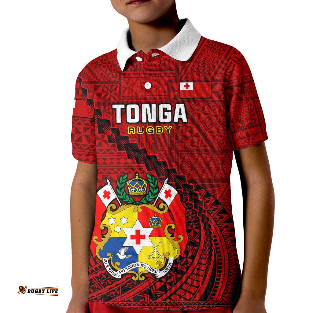 Custom Tonga Rugby Kid Polo Shirt Tongan Ngatu Pattern Black Version