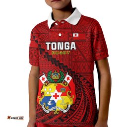 Custom Tonga Rugby Kid Polo Shirt Tongan Ngatu Pattern Black Version