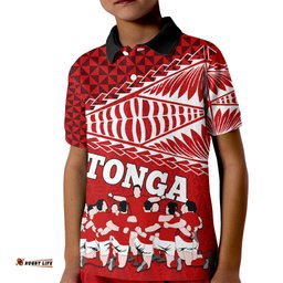 Tonga Rugby Kid Polo Shirt Sipi Tau Dance Ngatu Pattern