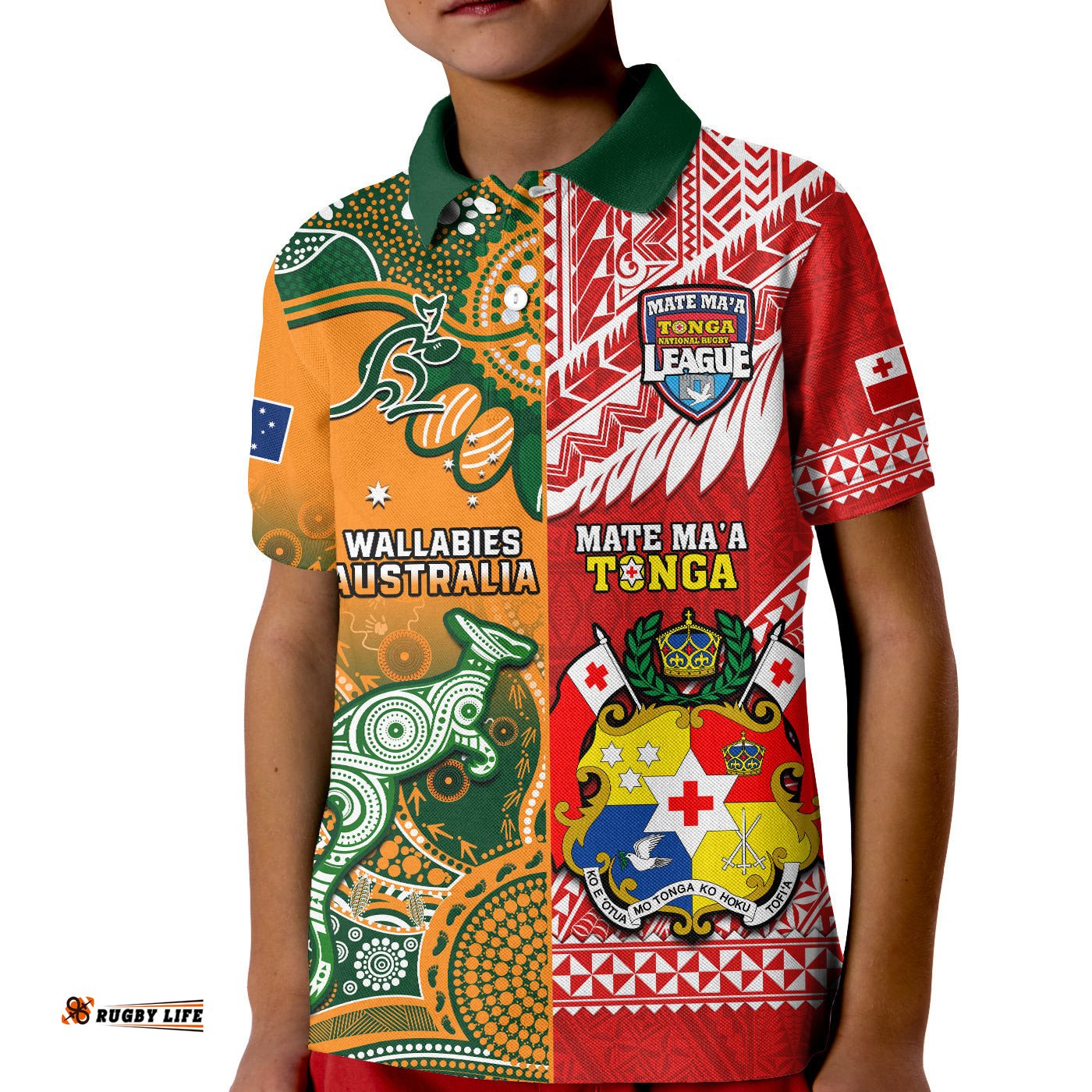 Custom Personalised Mate Maa Tonga And Wallabies Rugby Polo Shirt KID Polynesian Mix Aboriginal