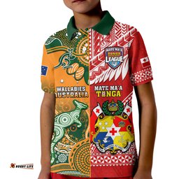 Custom Personalised Mate Maa Tonga And Wallabies Rugby Polo Shirt KID Polynesian Mix Aboriginal