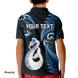 Personalised New Zealand Kid Polo Shirt Aotearoa Silver Fern With Manaia Maori Unique Blue