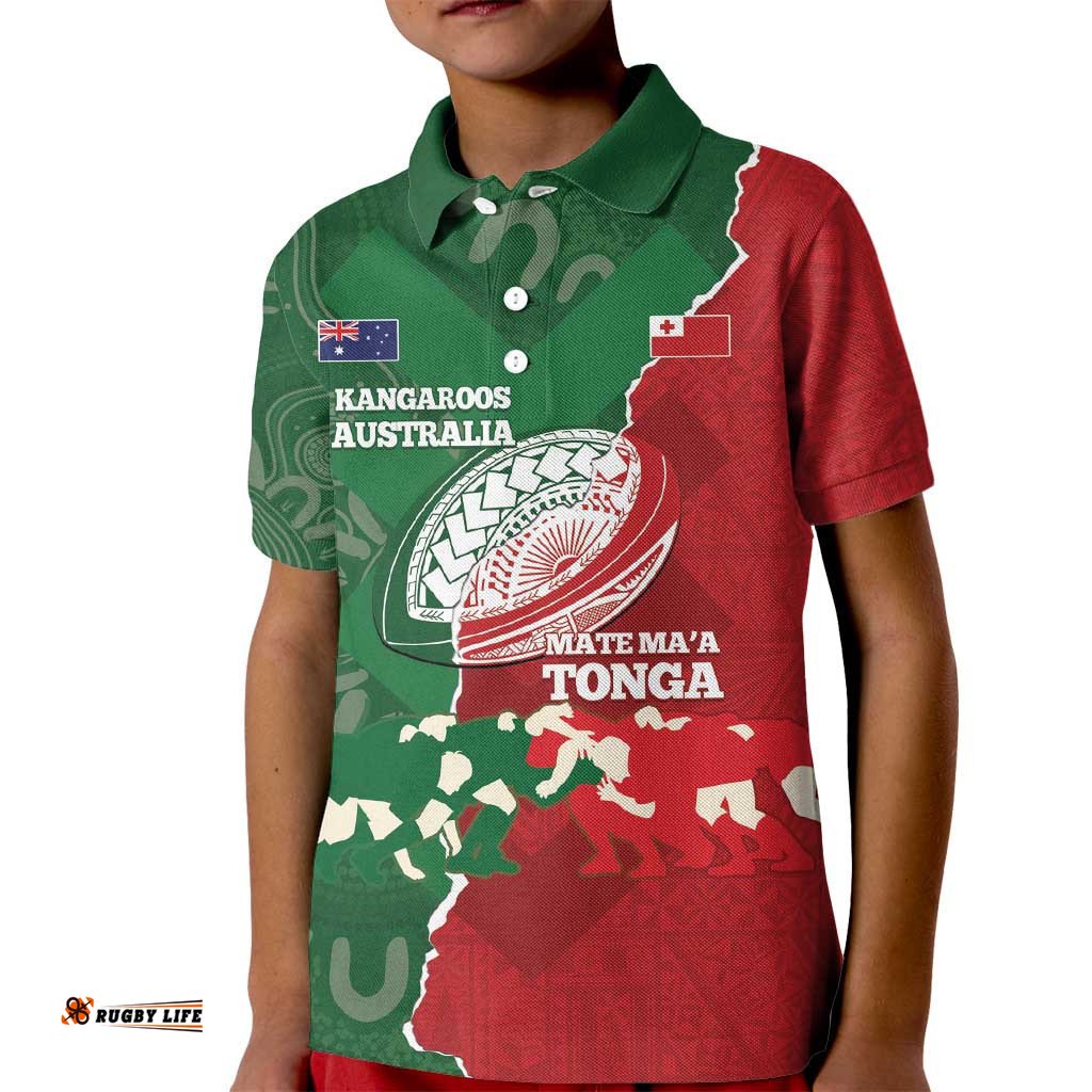 Custom Tonga And Australia Rugby Kid Polo Shirt Mate Maa Tongan Ngatu Mix Kangaroos Aboriginal