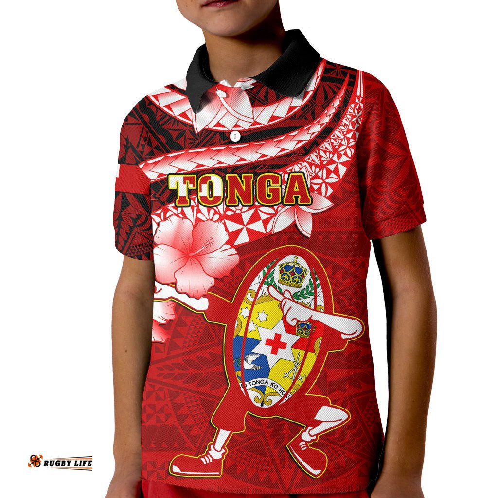 Custom Tonga Rugby Kid Polo Shirt Ikale Tahi Tongan Ngatu Pattern With Dabbing Ball