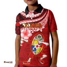 Custom Tonga Rugby Kid Polo Shirt Ikale Tahi Tongan Ngatu Pattern With Dabbing Ball