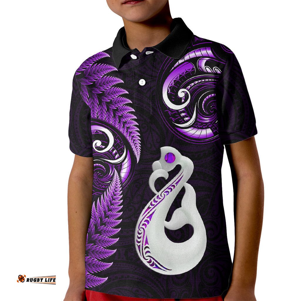 Personalised New Zealand Kid Polo Shirt Aotearoa Silver Fern With Manaia Maori Unique Purple